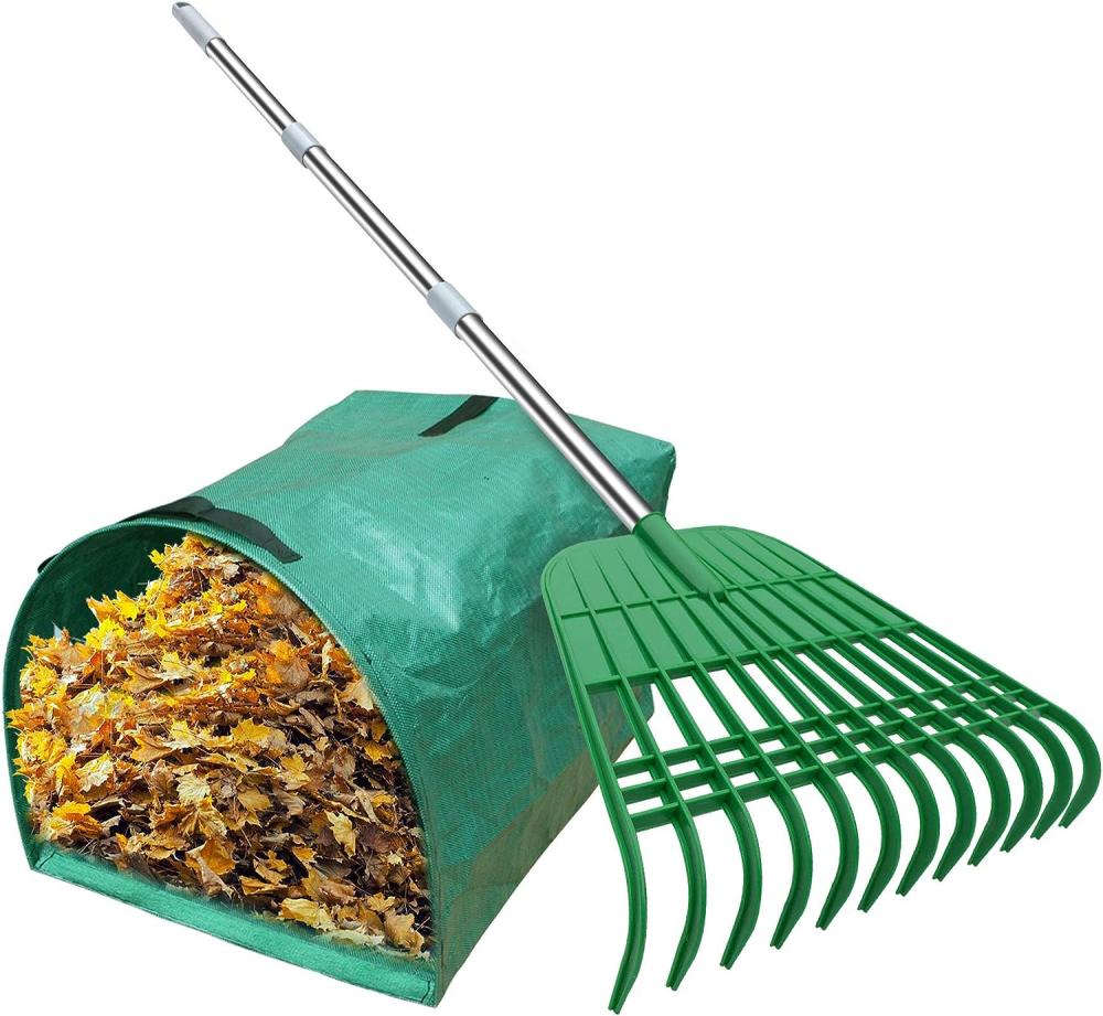 12 Tines Gardening Leaf Rake, Lightweight Steel Handle, Detachable, Ideal Camp Rake, Comes With Dustpan-Type Garden Bag | Rakes Gardening Hand Tools Rakes