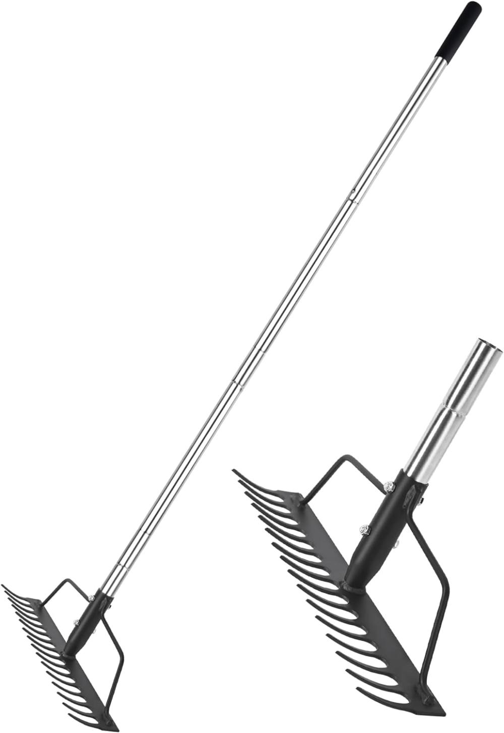 15 Inch Wide Heavy Duty Bow Rake, 16 Steel Tines Metal Head Rake Tool With Stainless Steel Handle, Adjustable Long Handle Garden Rake For Loosening Soil Leveling Mulch Gathering Lawns Leaves | Rakes Gardening Hand Tools Rakes