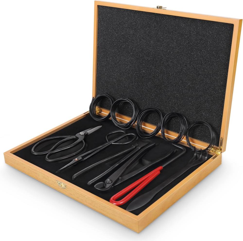 Bonsai Tools Set With Wood Box 12Pcs Heavy Duty Bonsai Tree Kit, Trimming Scissor Shears, Concave Cutter, Wire Rolls, Wire Cutter And More, Gardening Bonsai Pruning & Care Kit | Bonsai Tools Bonsai Tools Bonsai Tools