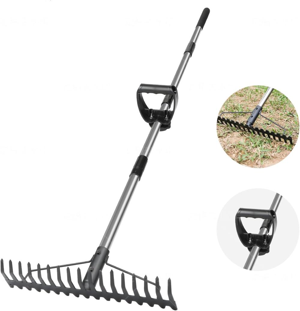 Bow Rake, Heavy Duty Garden Rake With Back-Saving Handle,17 Steel Tines Metal Head Rake Tool,For Loosening Soil Gathering Leaf Leveling Lawn Farming Land Management Yarn Thatch Rake | Rakes Gardening Hand Tools Rakes