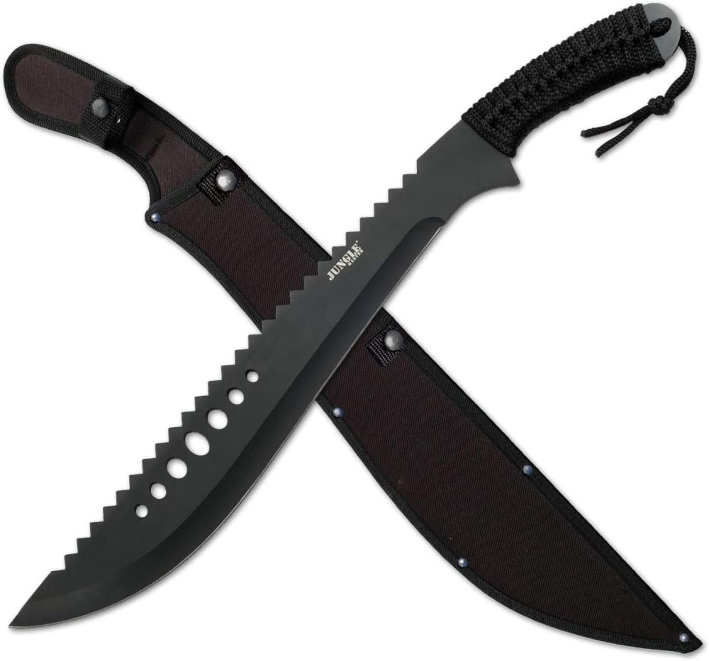 –Machete With Reverse Serrations–Black Stainless Steel Blade W/ Reverse Serrations,Full Tang,Cord Wrapped Handle,Nylon Sheath,Outdoor,Hunt,Camp,Hike,Survival,Jm-031B 21-Inch Overall | Gardening Machetes Gardening Hand Tools Gardening Machetes