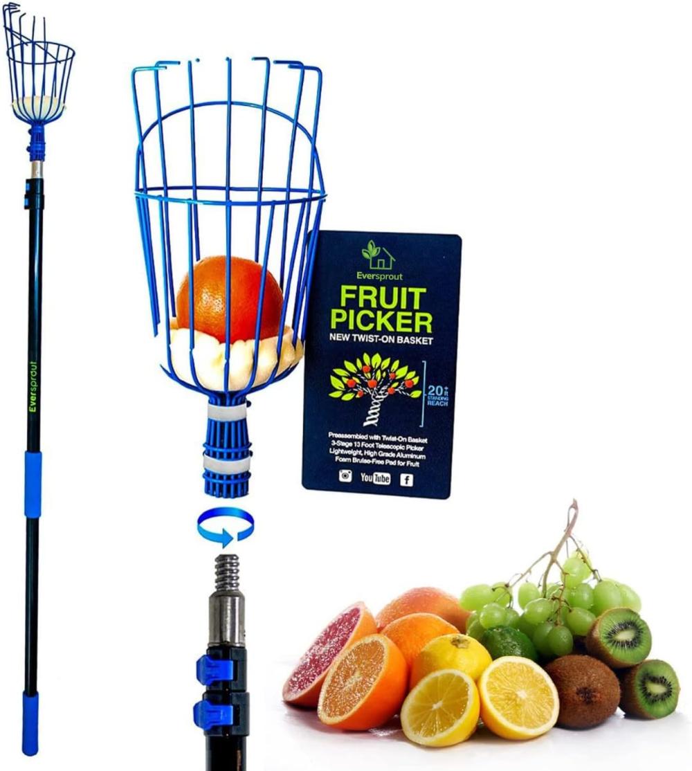 Eversprout 12-Foot Fruit Picker (20+ Foot Reach) | Telescoping Fruit Picker Pole, Easy To Attach Twist-On Apple Basket | Lightweight, High-Grade Aluminum Extension Pole With Fruit Picker Basket | Gardening Picks Gardening Hand Tools Gardening Picks