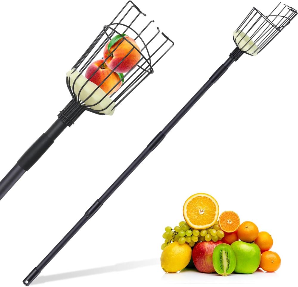 Fruit Picker Pole Tool With Basket, 9.6 Ft (116 Inch) Adjustable Fruit Grabber Reacher Tool Long Handle Fruit Catcher For Apple Lemon Pear Citrus Mango Tree Gardening Supplies, Black | Gardening Picks Gardening Hand Tools Gardening Picks