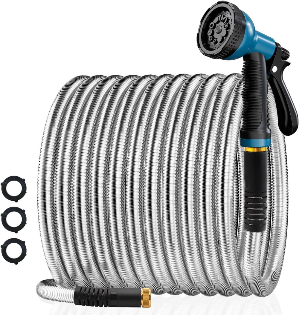 Garden Hose 50Ft Stainless Steel Water Hose With 10 Functions Adjustable Spray Nozzle, Heavy-Duty Metal Garden Hose Flexible Durable No-Tangle & Kink Leak Dog Proof Hose For Yard Lawn(Blue) | Garden Hoes Garden Hoes Garden Hoes