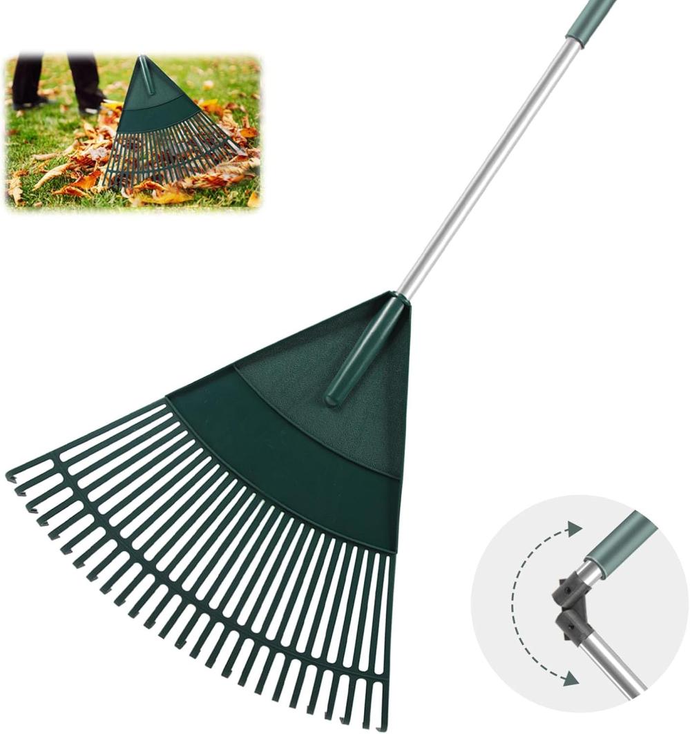 Garden Leaf Rake, 65.7" Garden Rakes With Foldable Lightweight Steel Handle, 26 Tines Plastic Head Shrub Rake, Folding Yard Garden Rake For Lawns, Grass, Flower Beds Leaves Cleaning, Silver & Green | Rakes Gardening Hand Tools Rakes