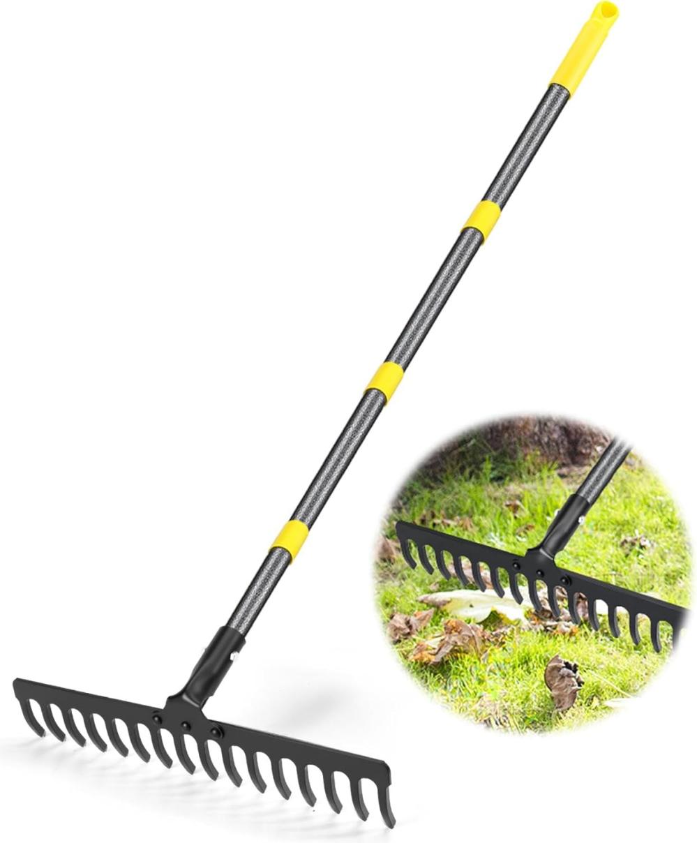 Garden Leaf Rakes 5.25 Ft Rake For Lawns Heavy Duty Metal Rakes, 16 Tines Steel Metal Head With Adjustable Handle, Bow Rakes For Leaves, Gathering Shrub, Leveling Grass, Flower Beds, Yards | Rakes Gardening Hand Tools Rakes