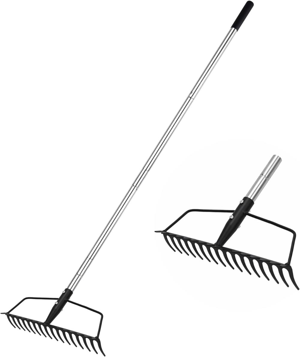 Garden Rake, Carbon Steel Sturdy And Heavy Duty Carbon Rake, Bow Rake With Adjustable Stainless Steel Handle, Long Hand Rake For Loosening Soil Leveling Mulch Gathering Leaf | Rakes Gardening Hand Tools Rakes