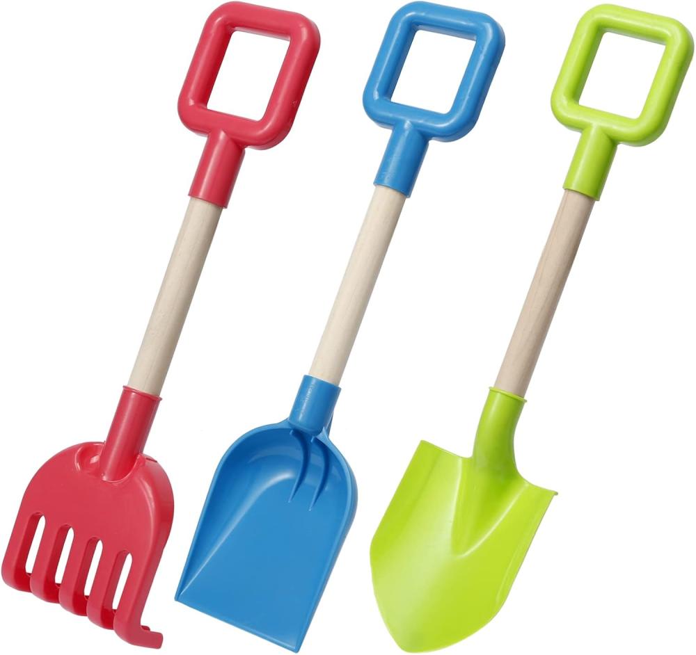 Jumbo Beach Shovels Rake Spade Toys Set For Kids, 16" Long Wooden Handle Abs Plastic Sand Scoop, Planting Summer Winter Gift For Mud Sand Snow Digging, Backyard Gardening Tool Accessories, 3 Pack | Gardening Shovels Gardening Hand Tools Gardening Shovels