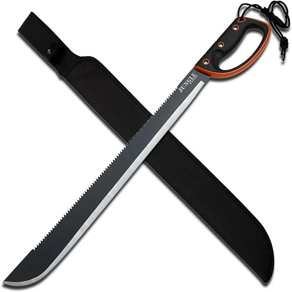 Machete W/ Reverse Serrations – Black/Satin Blade, Full Tang, Black/Orange Rubberized Nylon Fiber Handle, Nylon Sheath, Outdoor, Hunt, Camp, Hike, Survival, Jm-024L | Gardening Machetes Gardening Hand Tools Gardening Machetes