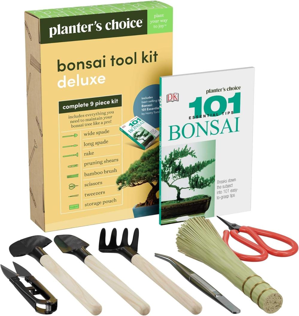 Planters’ Choice Premium Bonsai Tool Kit + Bonsai 101 Book -Set Includes:Wooden Rake, Long & Wide Spades, Scissors, Tweezers, Bamboo Brush, & Pruning Shears (Trimmer/Clipper) In Fabric Storage Holder | Bonsai Tools Bonsai Tools Bonsai Tools