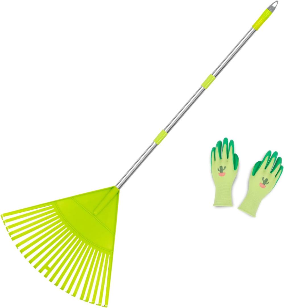 Plastic Leaf Rake, Garden Poly Shrub Rake With 56’’ Lightweight Stainless Steel Handle, Include 22Tines Plastic Head & Garden Gloves, Garden Rake Leaf To Collect Loose Debris | Rakes Gardening Hand Tools Rakes