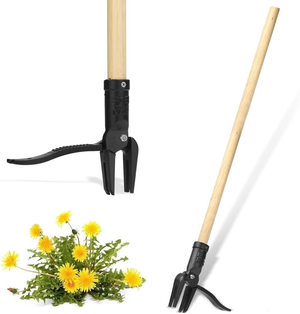 Rakukiri Weed Puller Tool Stand Up Heavy Duty Weeding Tool With Long Wooden Handle And 4-Claw Steel Head, Easily Remove Weeds Without Bending, Pulling, Or Kneeling | Manual Weeders Gardening Hand Tools Manual Weeders