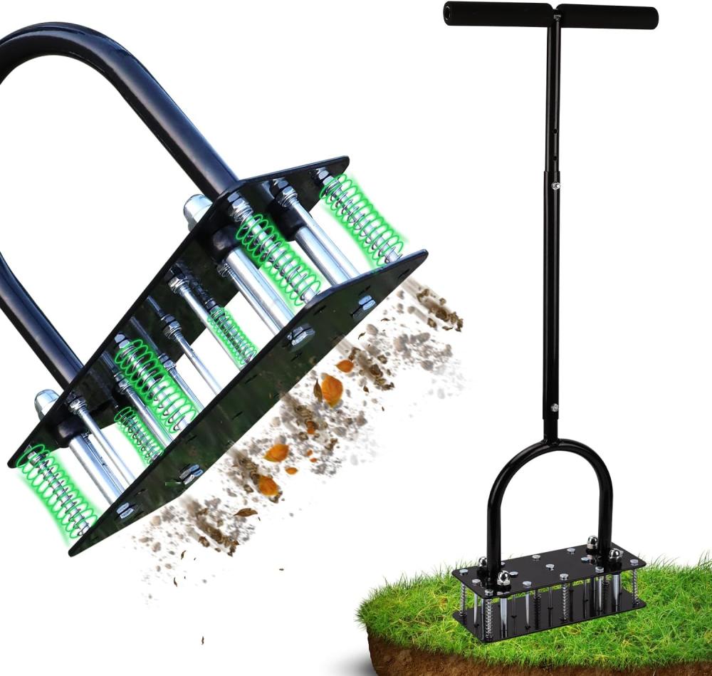 Rifpod Lawn Aerator – Aerator Lawn Tool, Automatic Dirt And Leaf Clean Design, Heavy Duty Manual Lawn Aerator Tool With 15 Iron Spikes, Height Adjustable, Yard Grass Aerator For Lawn (Black) | Manual Lawn Aerators Gardening Hand Tools Manual Lawn Aerators