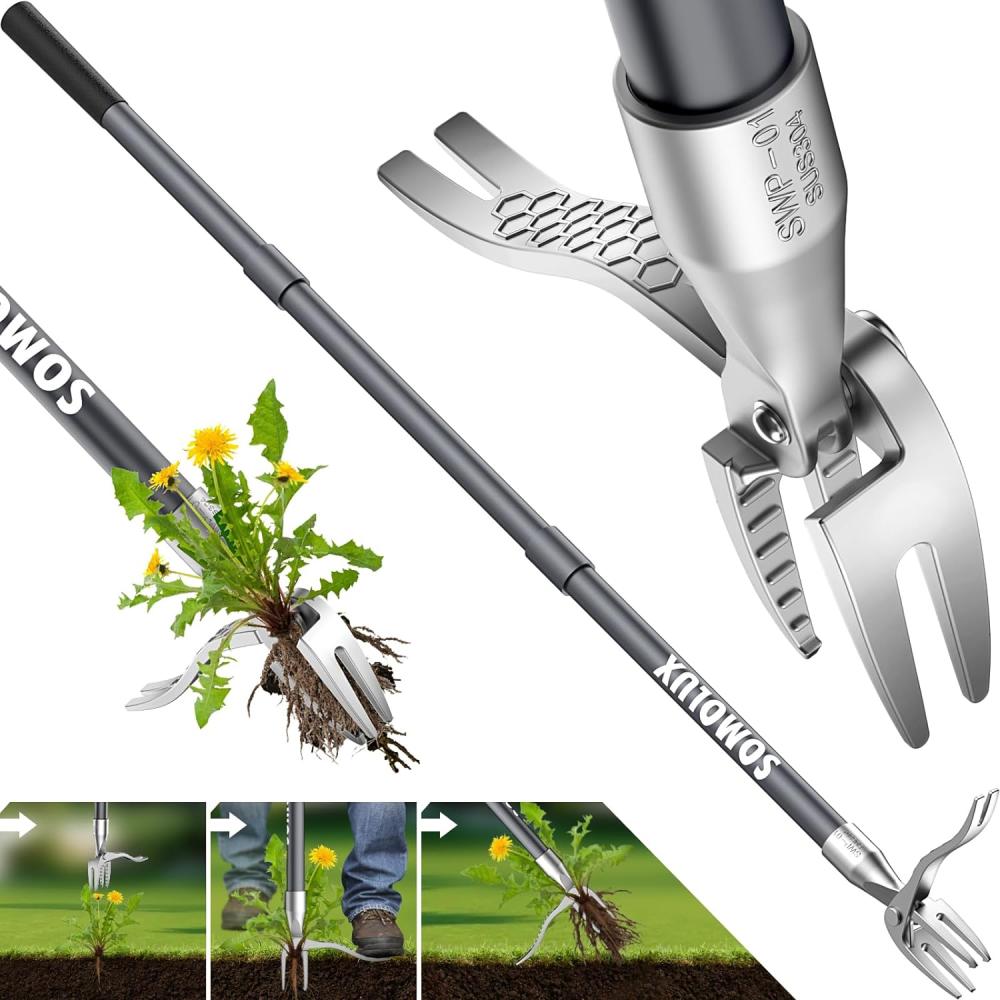 Somolux 52" Weed Puller Stand-Up Weeder Weeding Tool For Gardening Heavy-Duty Stainless Steel Claw With Long Metal Handle Weed Remove Tool For Lawn/Yard And Garden Without Bending Or Kneeling | Manual Weeders Gardening Hand Tools Manual Weeders