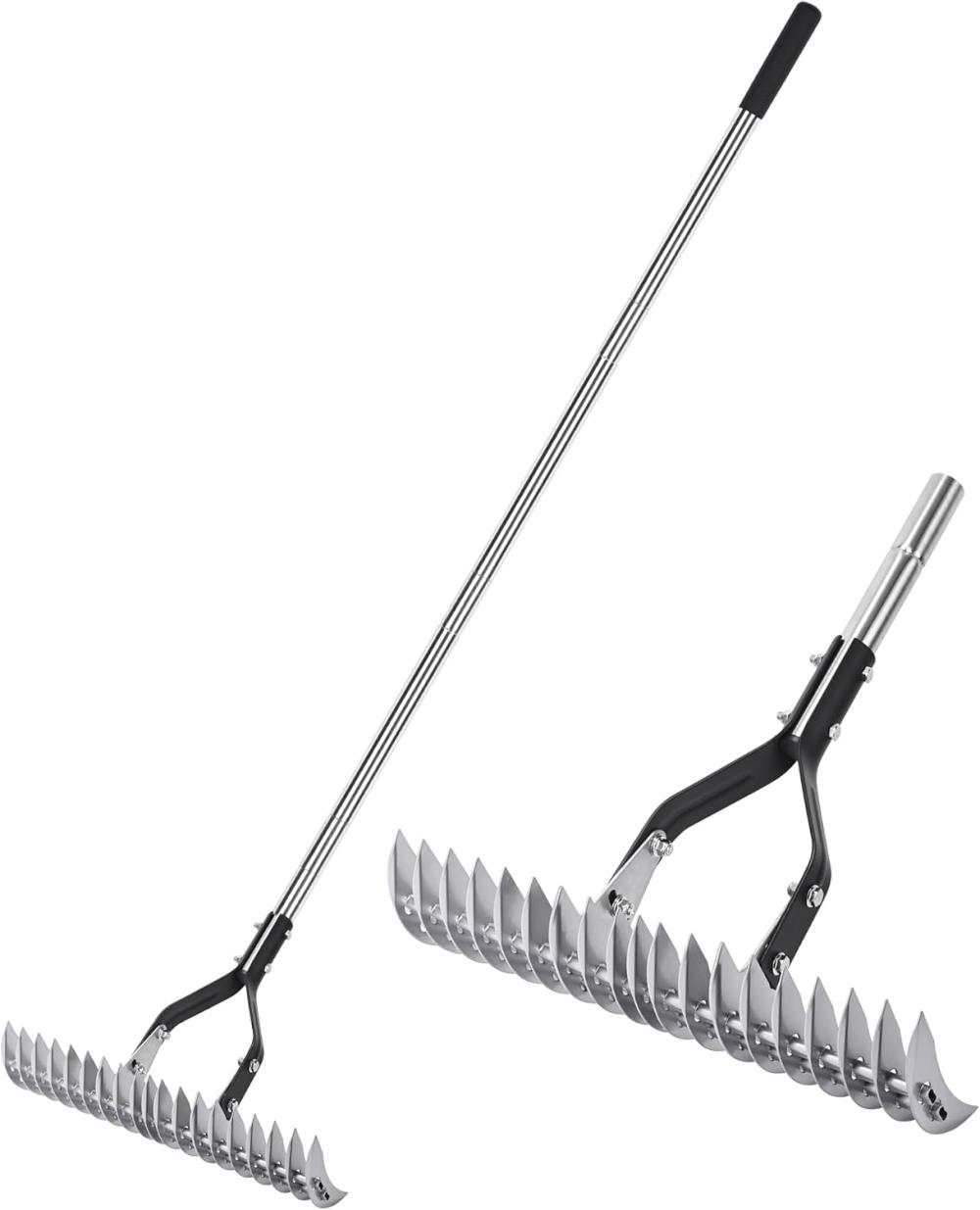 Thatch Rake Landscaping Tools, 15 Inch Heavy Duty Garden Rake With Stainless Steel Handle, Lawn Loosening Soil Rake For Cleaning Dead Grass, Adjustable Dethatcher Rake For Garden Yard Lawn | Rakes Gardening Hand Tools Rakes