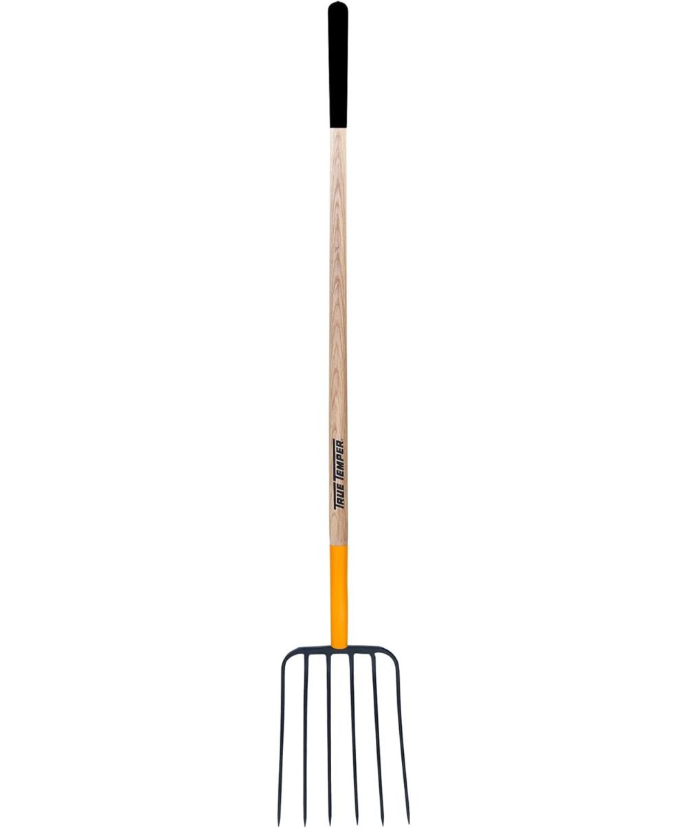 True Temper 1838200 6-Tine Steel Fork Pitchfork With Hardwood Handle 48 In, For Transferring Manure, Mulch With Cushion Grip | Pitchforks Gardening Hand Tools Pitchforks