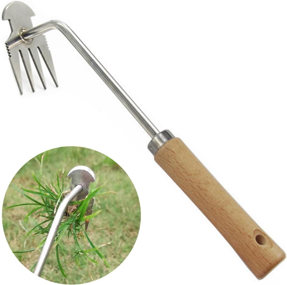 Weeding Tools Garden Weed Puller Tool, Portable Manganese Steel Hand Weed Removal Tool With Handle, Multi Function 4 Teethes Hand Weeder Puller Weed Pulling Tool For Efficient Weed Extraction | Manual Weeders Gardening Hand Tools Manual Weeders