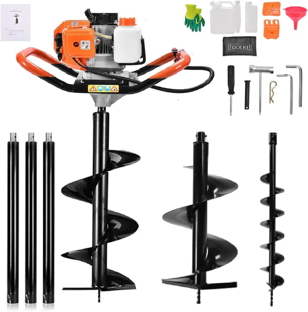 Ziokok 62Cc Auger Post Hole Digger, 2 Stroke Gas Powered Earth Post Hole Digger With 3 Auger Drill Bits(5" & 6" & 8") + 3 Extension Rods For Farm Garden Plant, Orange (Ziokok) | Post Hole Diggers Gardening Hand Tools Post Hole Diggers