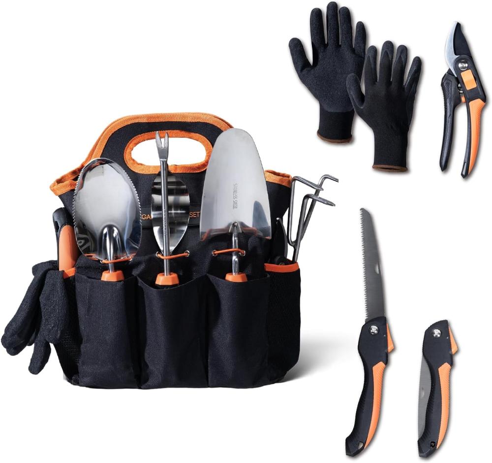 8-Piece Large Garden Tool Set 304 Stainless Steel Garden Tool Kit With Handbag,Pruning Shears,Gloves Heavy Duty Gardening Hand Tools With Non-Slip Rubber Grip,Ideal Gifts For Women & Men Orange | Garden Tool Sets Garden Tool Sets Garden Tool Sets