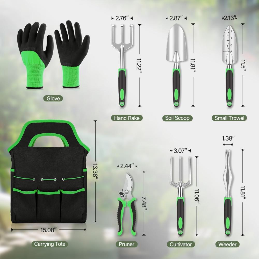 Garden Tool Set 8 Piece, Heavy Duty And Lightweight Aluminium Alloy Tools With Ergonomic Handle, Storage Tote Bag, Gardening Hand Tools, Gardening Gifts For Women And Men Green | Garden Tool Sets Garden Tool Sets Garden Tool Sets