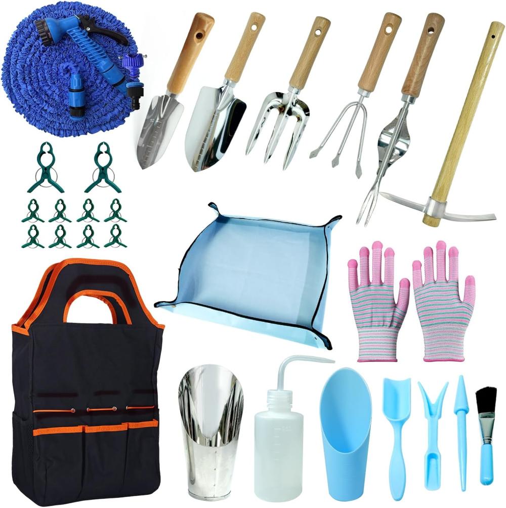 Garden Tools Set 26 Piece, Succulent Tools Set Included, Heavy Duty Stainless Steel Gardening Tools,Ergonomic Handle Tools, Storage Tote Bag,295In Water Pipe,Ice Pickaxe,Ideal Gifts For Women | Garden Tool Sets Garden Tool Sets Garden Tool Sets