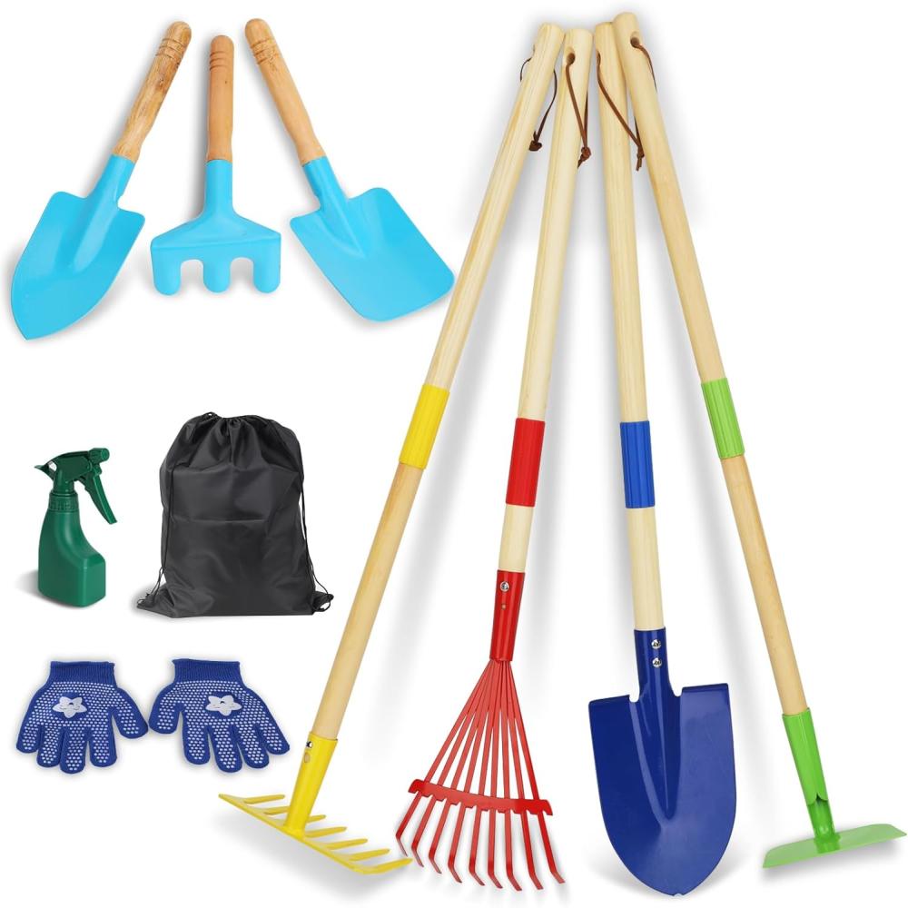 Kids Gardening Tools, 10Pcs Kids Garden Tool Set With Rake, Spade, Hoe And Leaf Rake, Wooden Gardening Tools For Kids, Outdoor Toys Gift For Boys And Girls | Garden Tool Sets Garden Tool Sets Garden Tool Sets