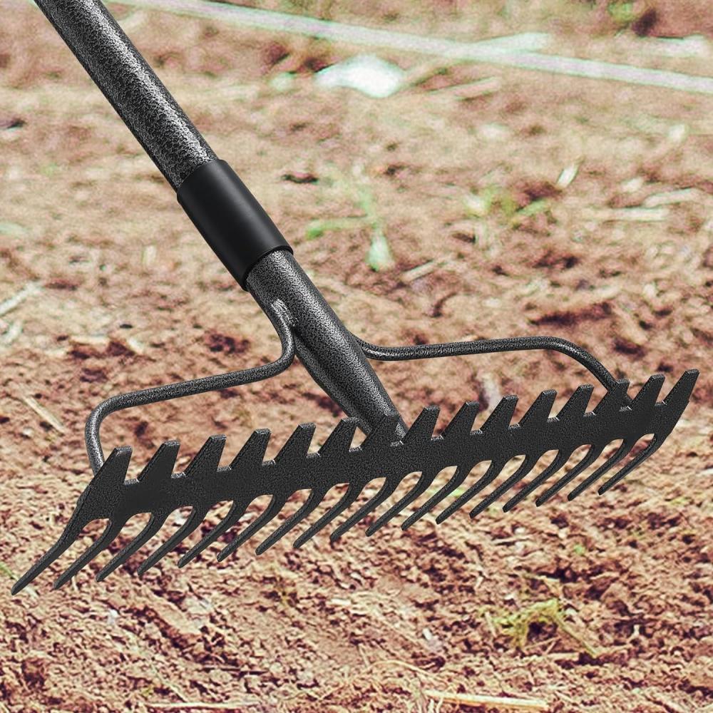 60" Bow Rake Heavy Duty Garden Rake With Stainless Steel Handle, 17 Steel Tines Metal Head Rake Tool For Loosening Soil Gathering Leaf Leveling Lawn Farming Land Management Yarn Thatch Rake | Rakes Gardening Hand Tools Rakes