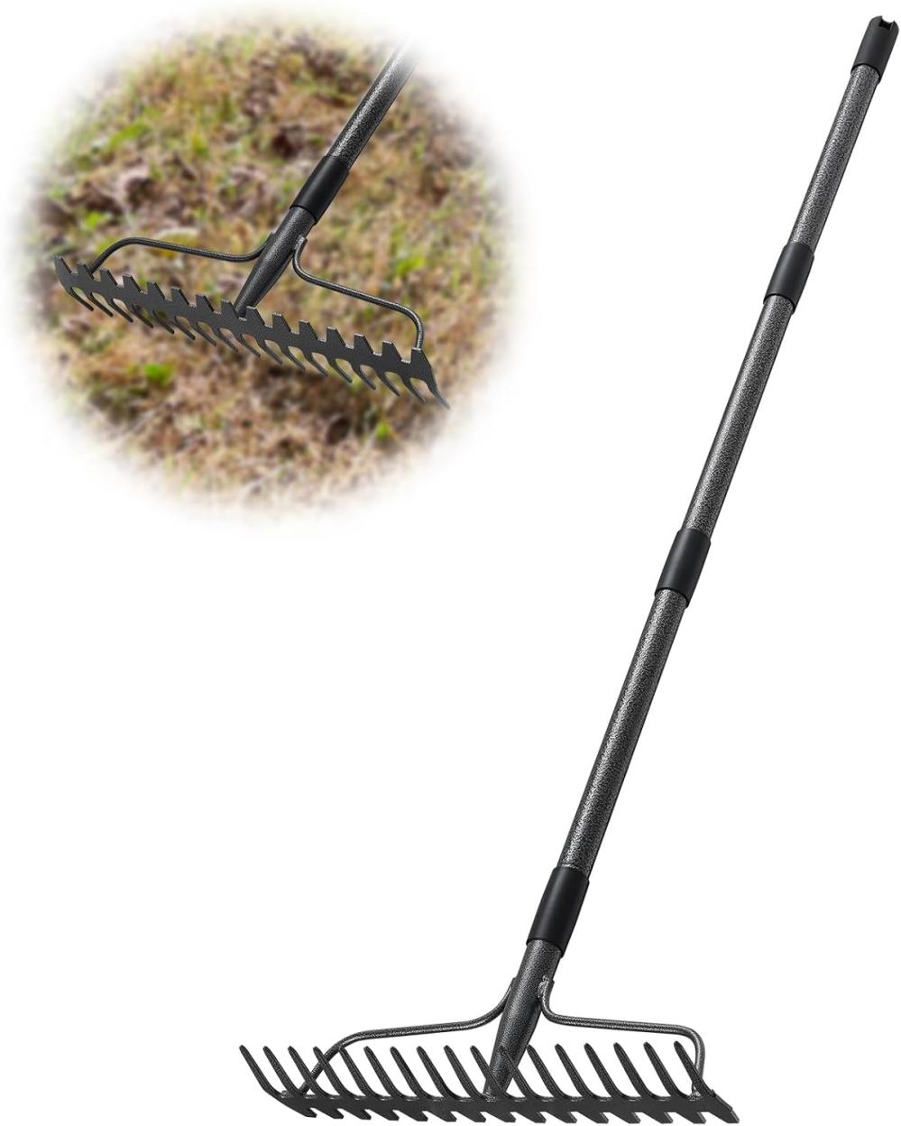 Garden Rake, 6Ft Bow Rake Heavy Duty Leveling Rake With Adjustable Handle, 17 Tines Wide Head Metal Thatch Rake For Gardening Leaves Lawn Yard Mulch Rake | Rakes Gardening Hand Tools Rakes