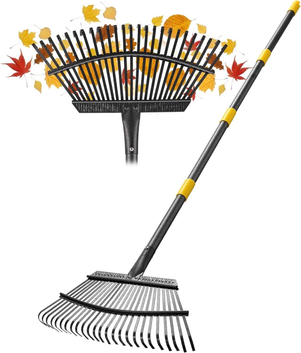 Rake, Garden Leaf Rake With 25 Metal Tines, Yard Rake For Leaves Lawns Heavy Duty, 79" Gardening Hand Tools And Adjustable Long Steel Handle, Quick Clean Up Debris, Grass, Camping Garbage, Anti-Rust | Rakes Gardening Hand Tools Rakes