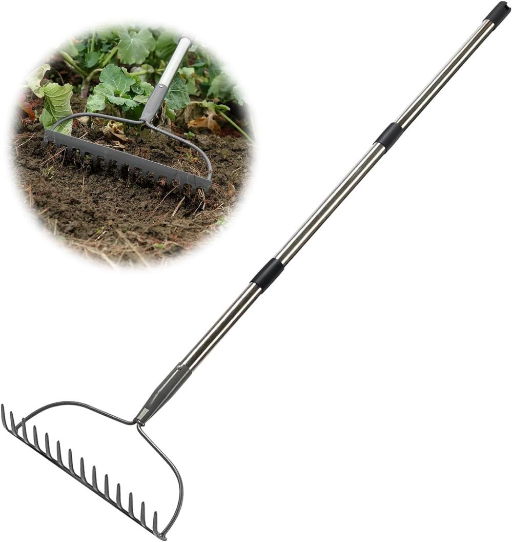 Garden Rake, 6 Ft Bow Rakes For Lawns Heavy Duty, Yard Metal Rake With Adjustable Long Handle, 14 Tines Rake Head, Gardening Tool For Loosen Soil, Gather Leaves, Level Mulch, Remove Debris | Rakes Gardening Hand Tools Rakes