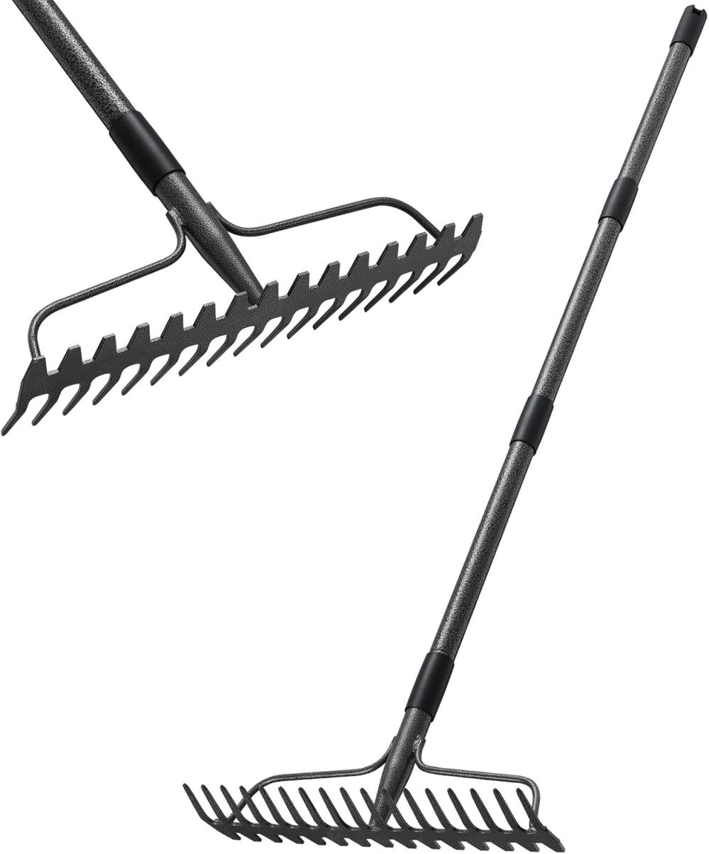 Thatch Rakes For Lawns, Heavy Duty Metal Garden Rake With 17 Prongs, Adjustable Yard Rock Rake For Gardening Loosening Soil, Long Handle 60 Inches | Rakes Gardening Hand Tools Rakes