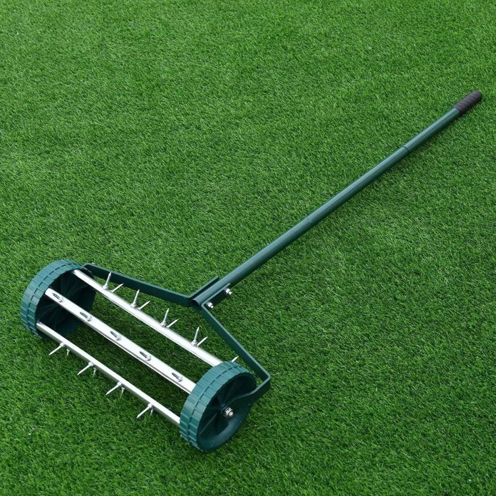 Furniga 18" Rolling Rotary Push Tine Spike Soil Lawn Aerator With Steel Handle Tool For Garden Yard Grass Maintenance, Green | Manual Lawn Aerators Gardening Hand Tools Manual Lawn Aerators